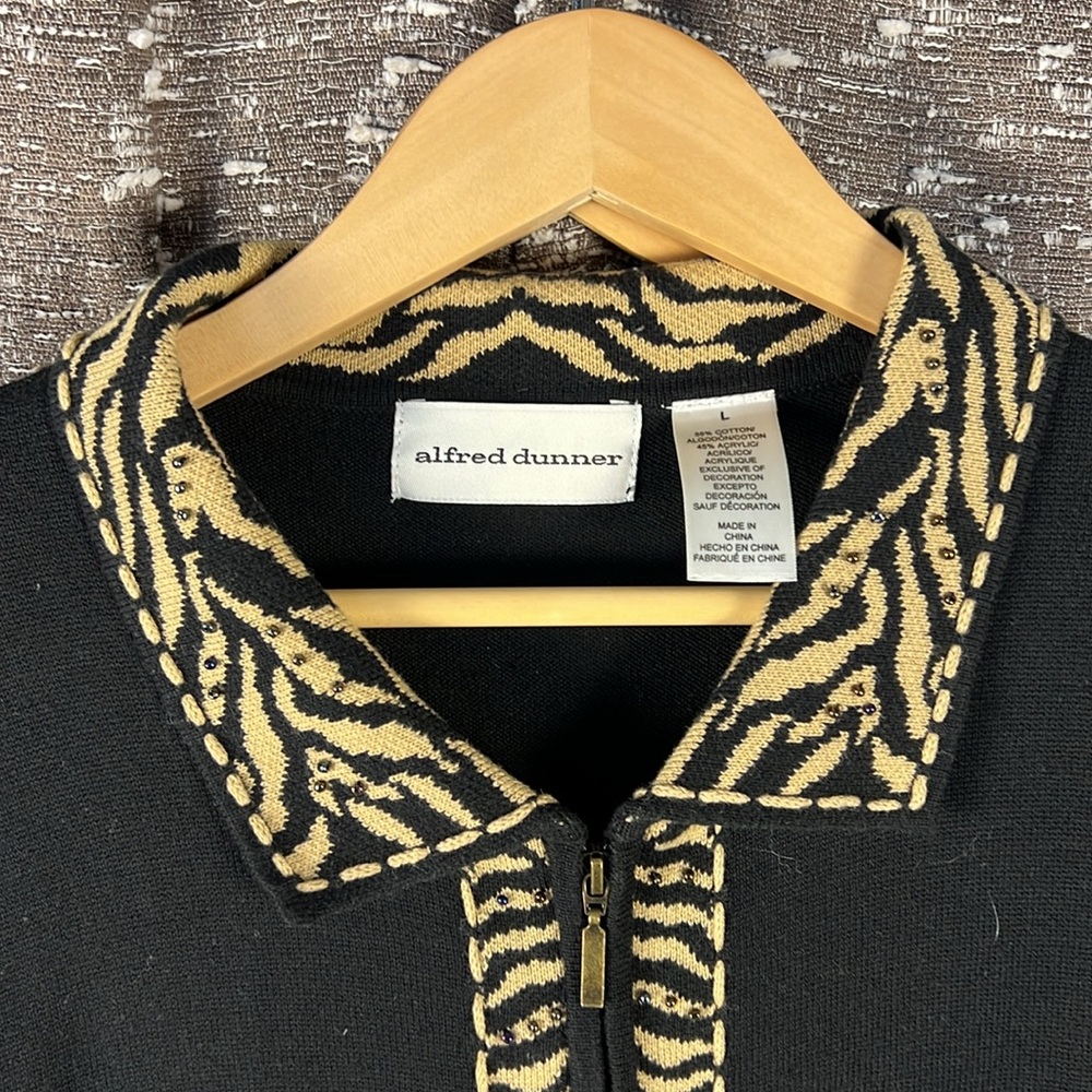 Alfred Dunner Top Sweater Cardigan Zip Up Black‎ Tan Animal Print L Long Sleeve - Picture 4 of 9